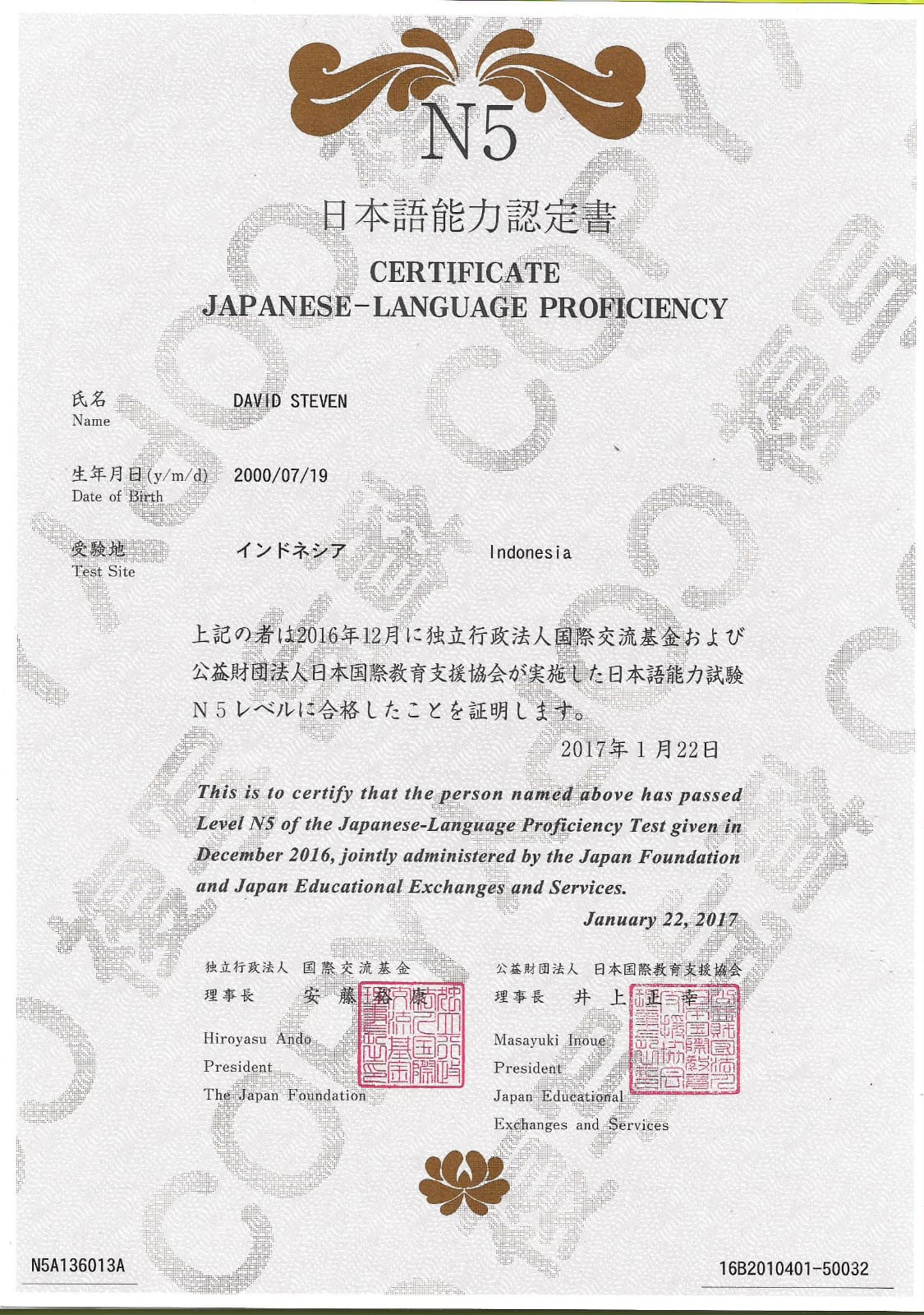 JLPT N5 Proficiency Certificate